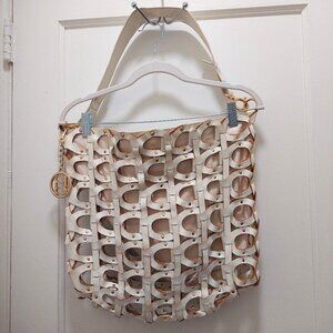 Vintage BEBE White Woven Leather Logo Hobo Bag W Key FOB Charm
